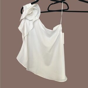 One Shoulder Top White Rose Accent Party Cocktail Asymmetric Large‎